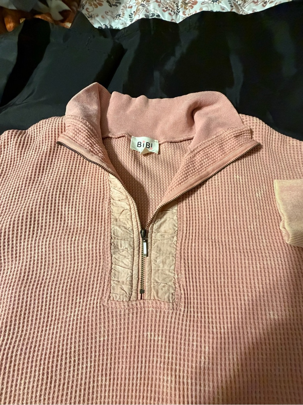 BiBi Pink Waffle Knit Quarter-Zip Pullover Sweater with Lace Trim – Size S